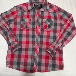 Carbon Men's Red and Black Checkered Shirt Long Sleeve Button Down -Medium